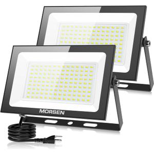 MORSEN 100W Flood Lights Outdoor, 18000lm Bright LED Work Light with Plug, 6500K Daylight White LED Flood Lighting, IP66 Waterproof Security Yard Lights for Yard Garage Stadium 2 Pack