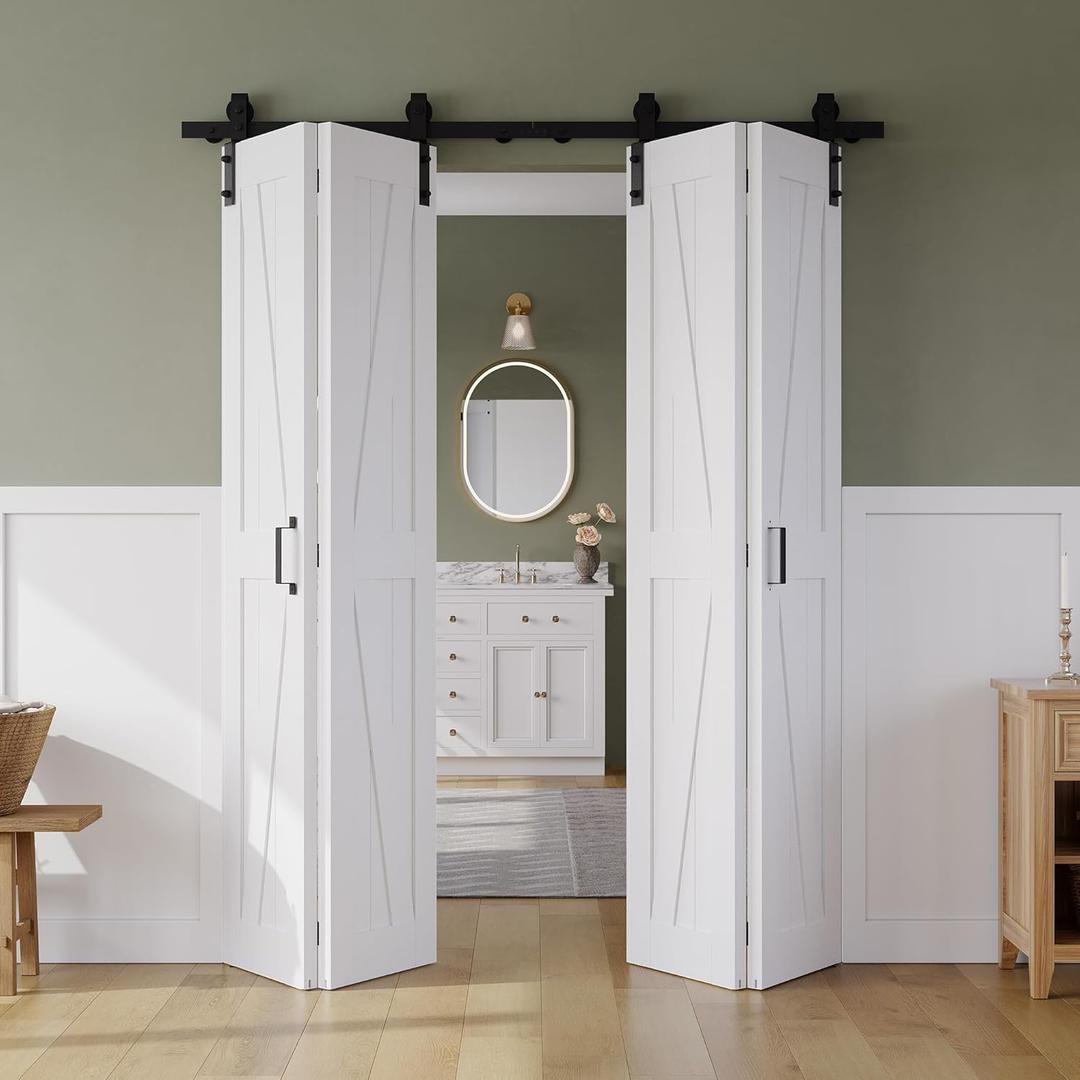 60" x 84" Bifold Sliding Barn Door, K Shaped Panel with Sliding Hardware Kit Set, Finished Closet Door Slab, 5.66FT Track for 4 Doors, MDF, White
