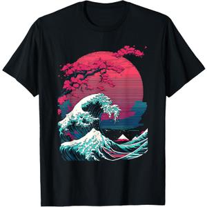 Great Wave off Kanagawa Retro Glitch Aesthetic Vaporwave T-Shirt (Small, Black)