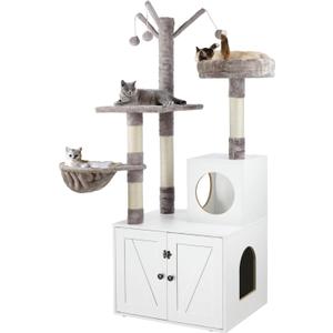 Litter Box Enclosure with Cat Tree, 2-in-1 Hidden Litter Box Furniture with Scratching Post, Modern Cat Condo, White Litter Box Enclosure with Cat Tree, 2-in-1 Hidden Litter Box Furniture with Scratching Post, Modern Cat Condo, White