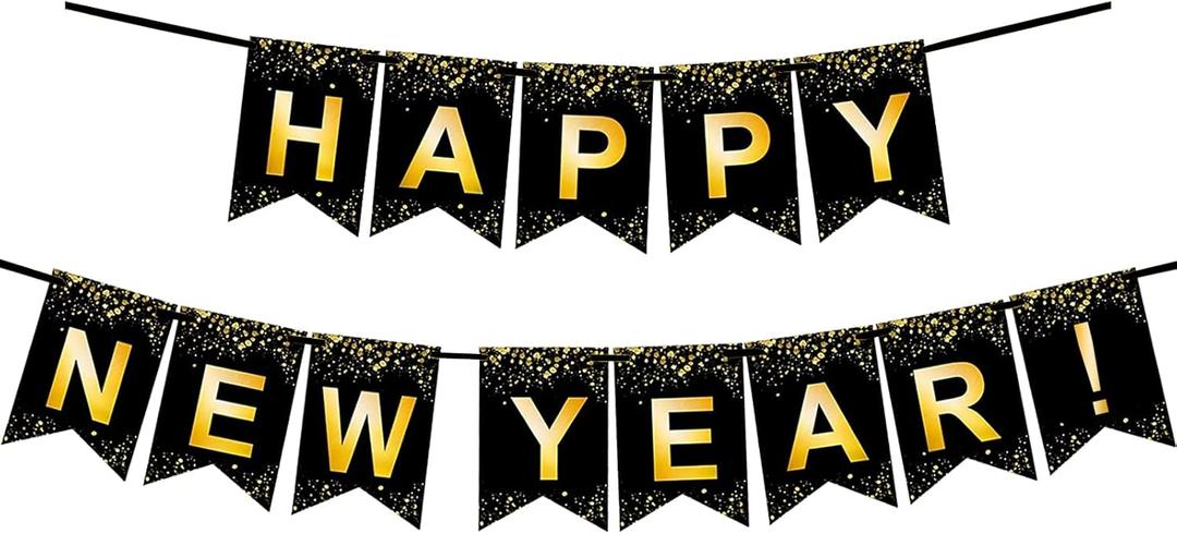 Fecedy Black Gold Happy New Year Banner for New year Party Decorations