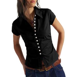 Women's Short Sleeve Button Down Shirt Summer Collared Blouse Trendy Casual Tops 2026 (M)