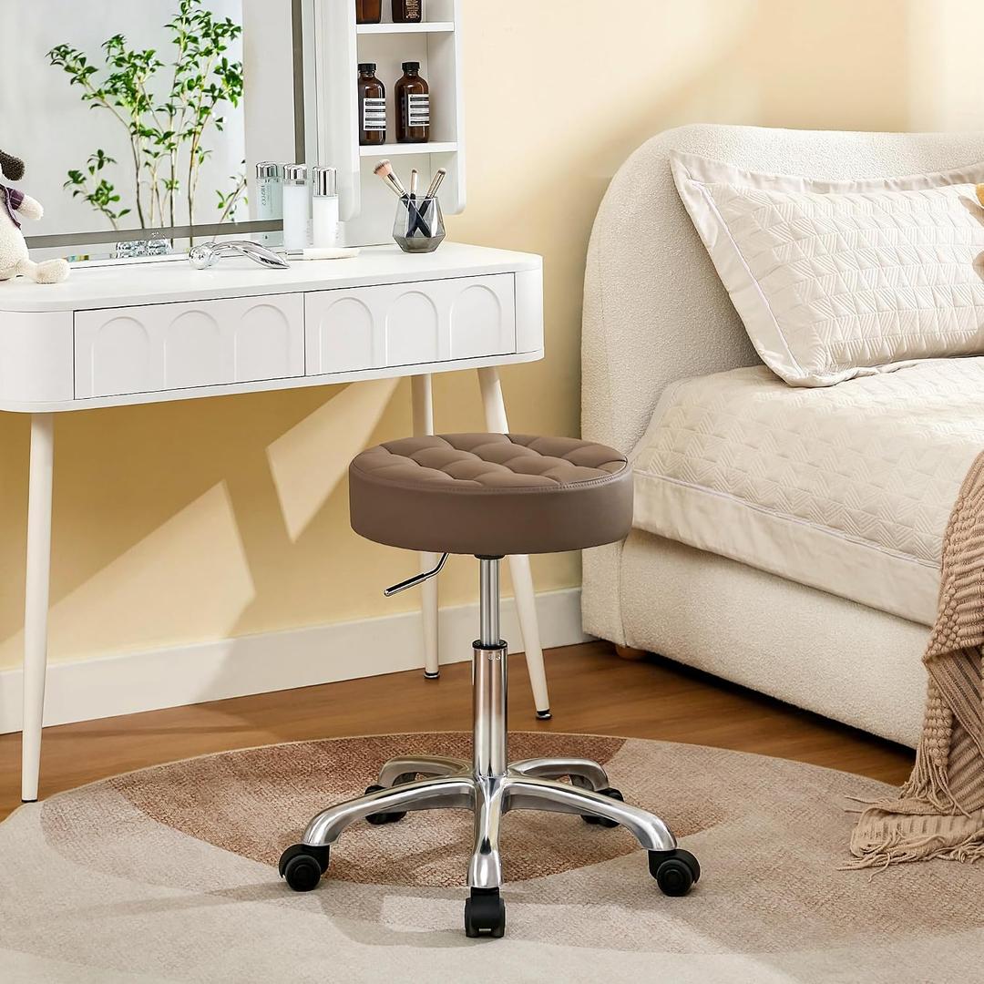 FIRAVOE Rolling Stools with Wheels (300lbs Capacity) (Adjustable Height 20"-27") Brown Leather Manicure Guitar Lash Stool (Coffee Brown), No Back & Footrest