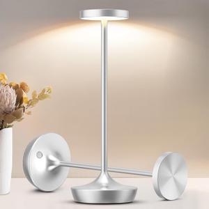 2 Pack LED Cordless Table Lamp RechargeableOutdoor Battery Operated Desk Lamp Touch 3 Color Dimming Portable Waterproof Night Light for Patio/Restaurant/Dining/Home (2 Pack Silver)