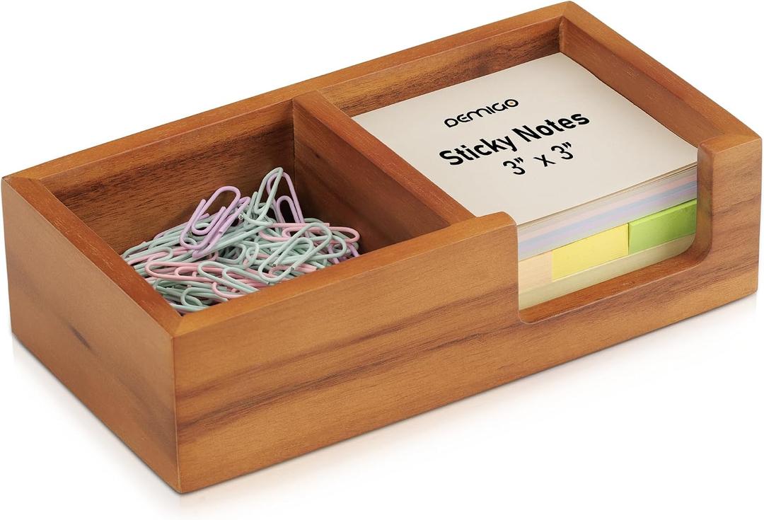 Demigo Wooden Sticky Note Holder for Desk Solid Acacia Wood Organizer for 3x3 Note Pads, Paper Clips, Office Supplies Compact Memo Pad Holder for Home Office, Teachers