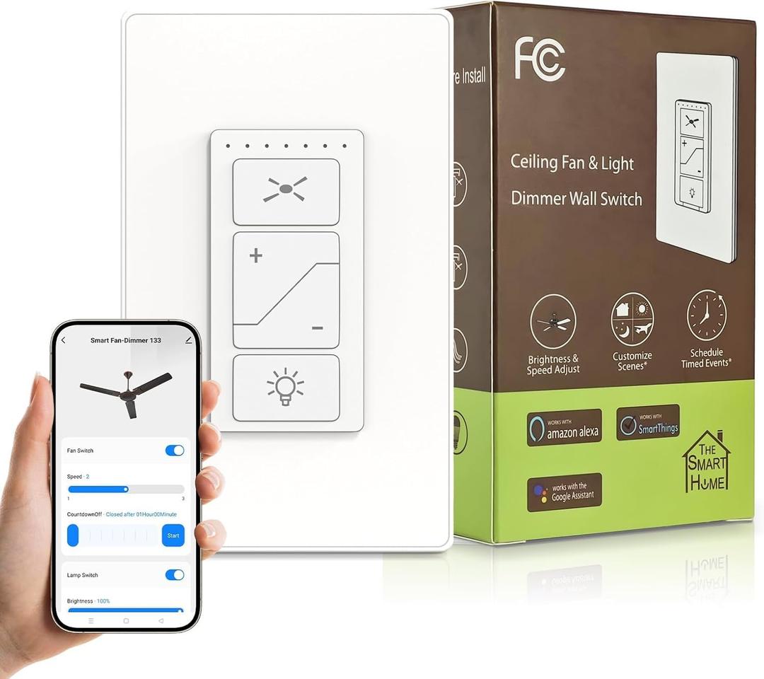 2-in-1 Smart Dual Wall Switch- Independent Fan Speed Control and Light Dimmer Compatible with Alexa, Google Assistant and Smartlife, Single Pole, Neutral Wire Needed, 2.4GHz Wi-Fi