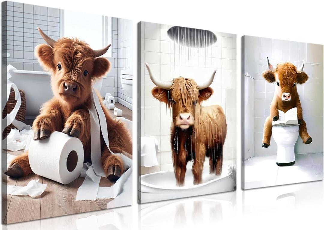 Funny Highland Cow Wall Art Set of 3, Rustic Farmhouse Bathroom Cow Pictures Wall Decor Painting, Brown Cute Cow Animal Canvas Posters Prints for Bathroom Restroom Home Decor Framed 12x16 Inch (16L" x 12W")