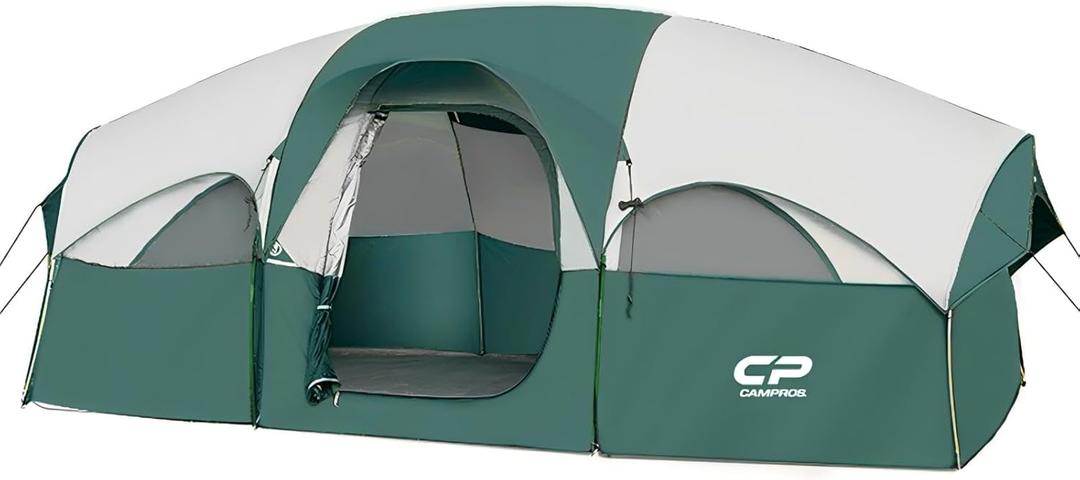 CAMPROS CP Tent 8 Person Camping Tents, Weather Resistant Family Tent, 5 Large Mesh Windows, Double Layer, Divided Curtain for Separated Room, Portable with Carry Bag (Dark Green)