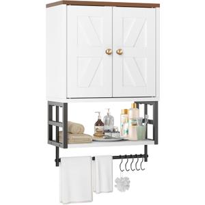 Farmhouse Medicine Cabinet - 3-Tier Wall Mounted Storage Organizer with Adjustable Shelves, Towel Bar, 5 Hooksfor Small Bathroom, Laundry Room, Over Toilet, Living Room, Bedroom (White)