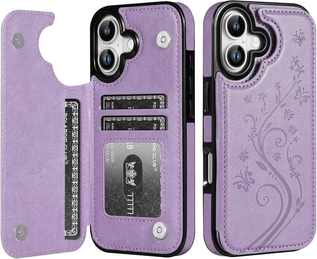 Korecase Compatible with iPhone 17 Wallet Case with Card Holder,Butterfly Double Magnetic Back Flip PU Leather Kicstand Card Slots Cover for Girls Women for iPhone 17 (6.3")-Purple