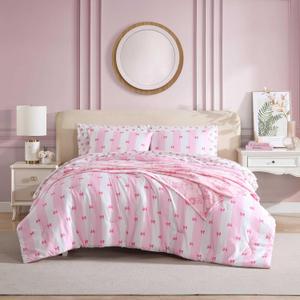 Betsey Johnson - Comforter Set, Super Soft Bedding with Matching Sham & Sheets, Includes Bonus Pillowcase & Reversible Plush Throw (Bow Stripe Pink, Full)