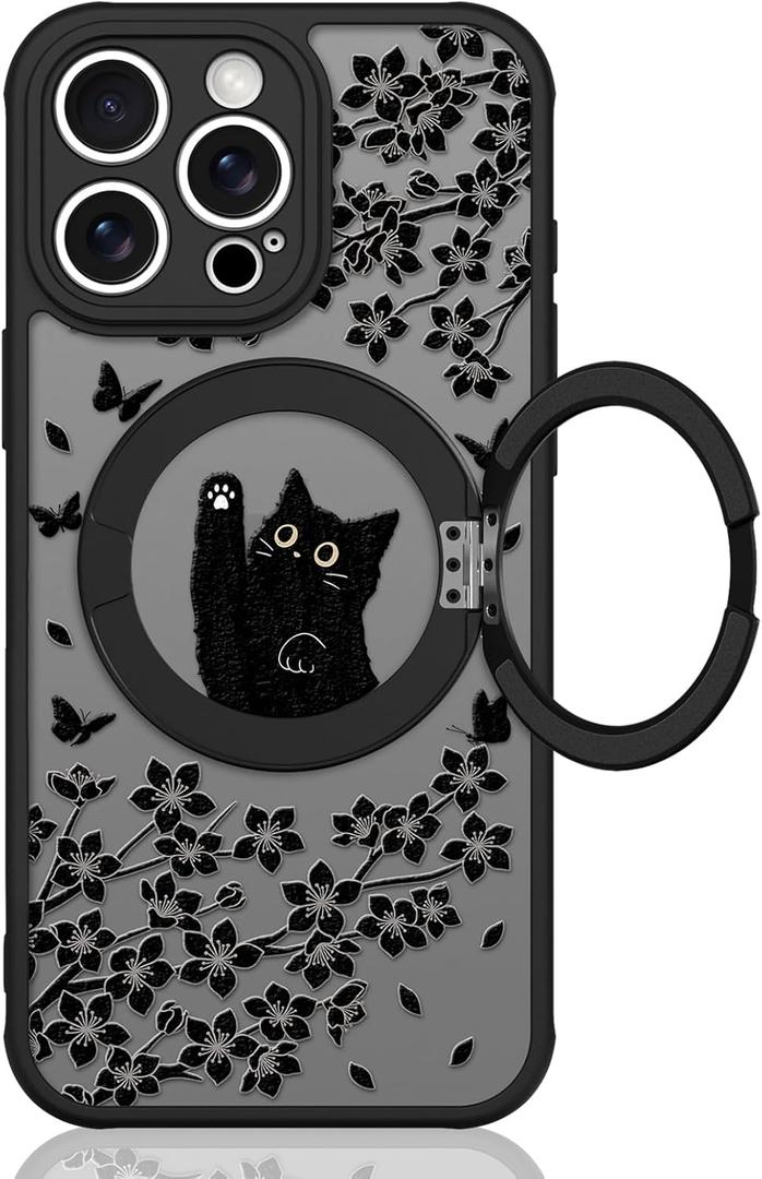 Cute Case for iPhone 15 Pro Case with Stand [ Compatible with MagSafe ] Kawaii Black Cat & Floral & Butterflies Pattern Design 360 Magnetic Ring Kickstand Phone Cover for Women Girls Boys