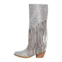 Richealnana Calf High Knee High Boots for Women Sparkle Rhinestones Sparkly Shining Comfortable Tabs Pull-On Boots Tassel Silver Size 8
