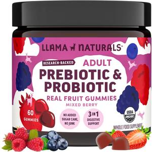 Llama Naturals Probiotics for Women and Men with Prebiotic Fiber, Vegan, Organic, Probiotic Gummies for Gut Health Support, Adults Real Fruit Gummy Vitamins, No Added Sugar Cane, Mixed Berry, 60 Ct Best By:08/2026
