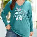 Plus Size Easter Shirts for Women Happy Easter T Shirt Bunny Rabbit V Neck Tees Easter Long Sleeve Shirt Tops (3X-Large, Sky Blue)
