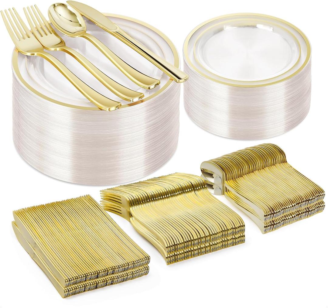BESTVIP 300PCS Clear Gold Plastic Plate Set (50 Guests), Disposable Dinnerware Set for Party, Wedding, Birthday - 100 Plates, 100 Forks, 50 Spoons, 50 Knives for Christmas