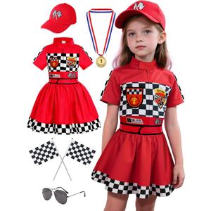 Race Car Driver Costume for Girls Racing Outfit for Toddler Racer Dress Up (5-6 Years, Red)