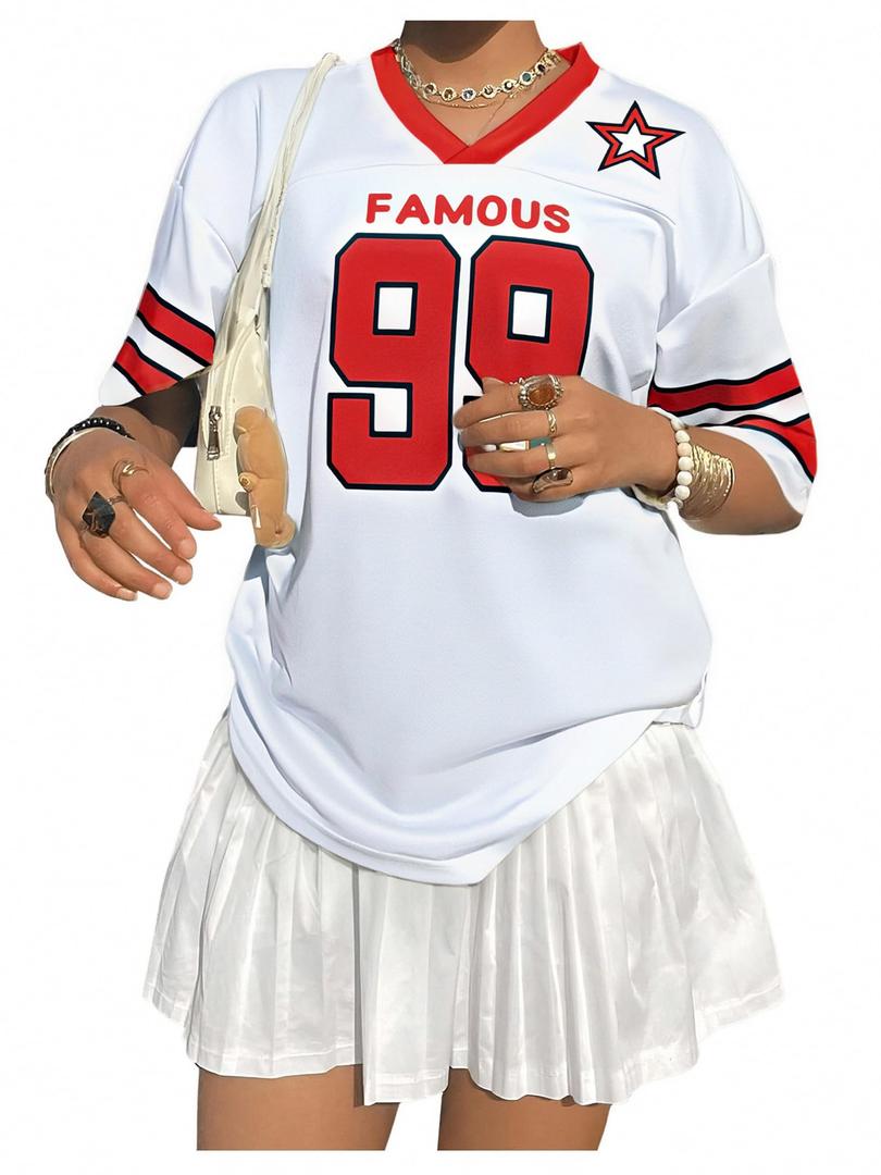 Oversized Jersey Shirts for Women Shirts Y2K Number Graphic Jerseys V Neck Cute Streetwear Tee Tops White