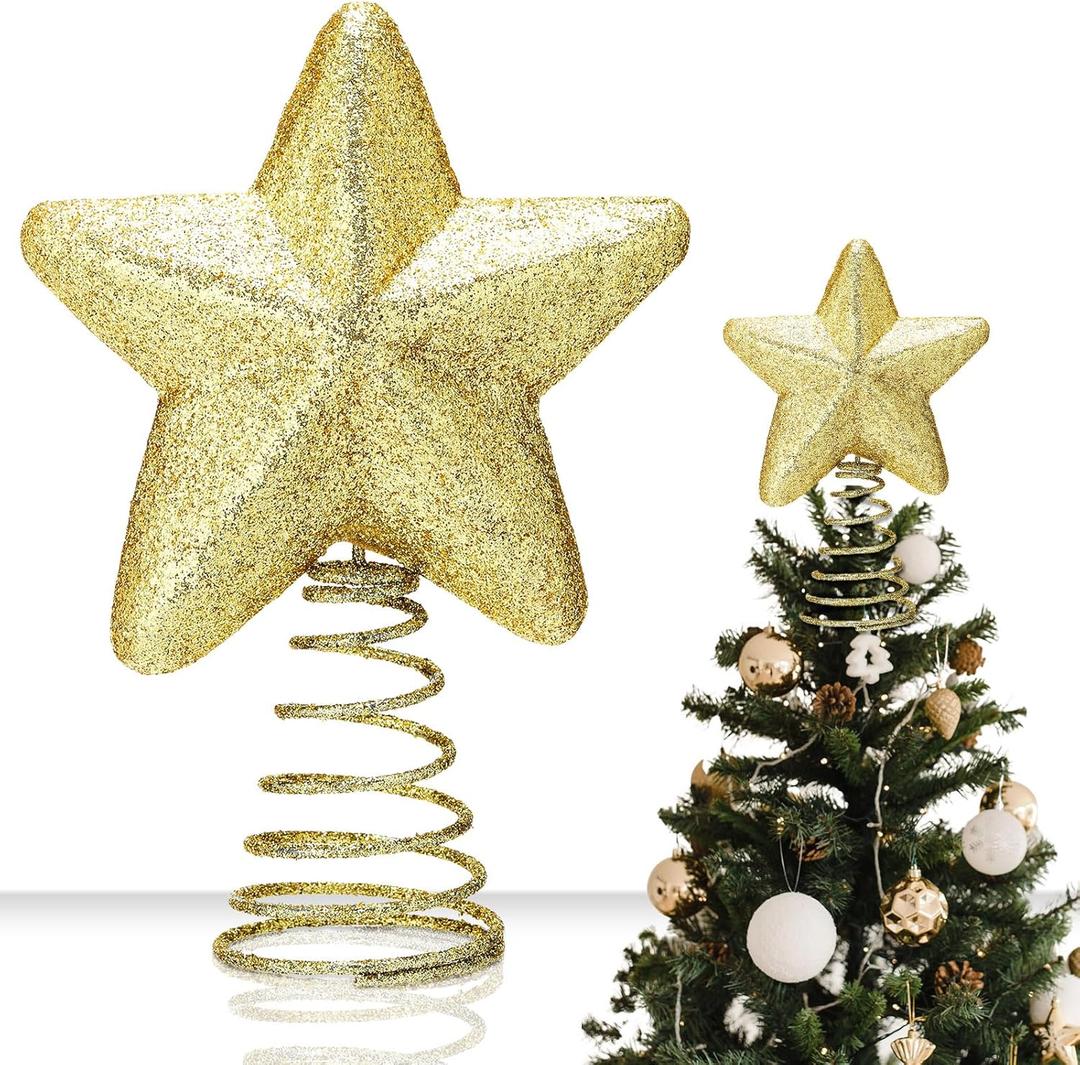 Gejoy Mini Christmas Star Tree Topper 6 x 4.3 Inch Gold Glitter Tree Topper 5 Point Miniature Star Christmas Ornaments Holiday Decorative for Xmas Home Decor