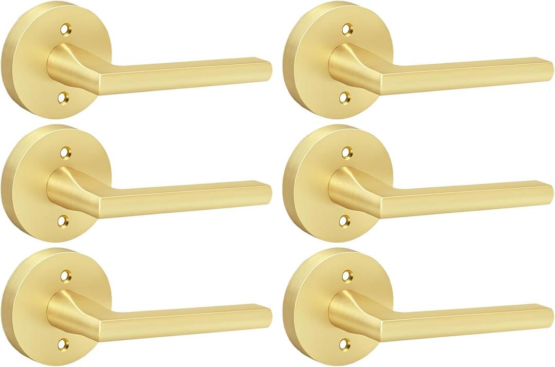 Goldenwarm Gold Dummy Door Handles Interior, Bruhsed Gold Dummy Interior Door Handles, Heavy Duty Zinc Alloy Indoor Door Levers No-Turning for Closet Doors (6 Pcs) (3 Pack)