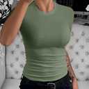 Womens Crewneck Short Sleeve Ribbed T-Shirt Slim Fit Tops Solid Basic Tee (Medium, Green)