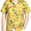 SSLR Pack Hawaiian Shirt for Men Flamingo Short Sleeve Casual Button Down Shirts Summer Beach Shirt (Yellow, L)