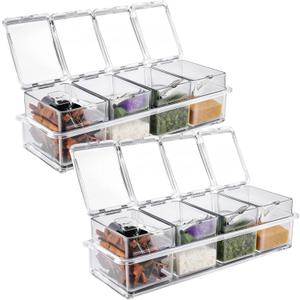 Homaisson 2 Pcs 4-Compartment Spice and Topping Containers Set with Spoons, Clear Plastic Storage Boxes for Condiments, Ice Cream Toppings, and Seasonings