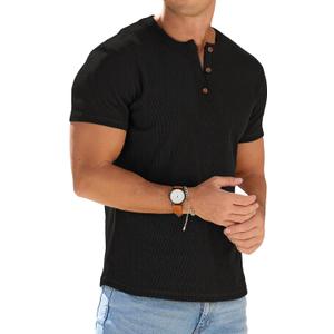 Sailwind Mens Muscle Henley Shirts Lightweight Workout T-Shirt Gym Tee Athletic Short Sleeve with Button (Large, Black)