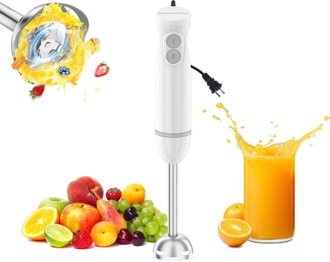 Bonsenkitchen Hand Blender, Immersion Blender with 2 Mixing Speed, Electric Portable Handheld Stick Mixer with Stainless Steel Blades for Soup, Smoothie, Puree, Baby Food, White