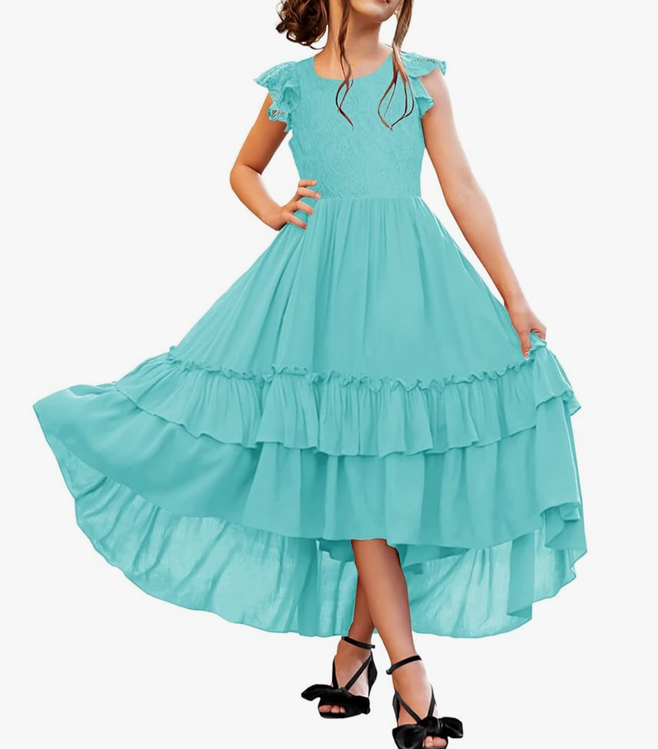 HOSIKA Girls Lace Boho Flower Girl Dress Ruffle Sleeve A-Line Formal Dresses for Wedding Party 6-12 Years