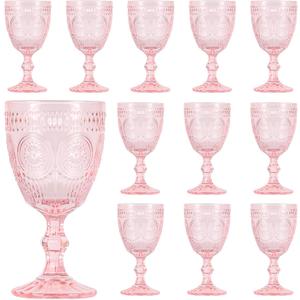 Pink Glass Goblets Wine Glassware, 10 oz Vintage Wine Glasses Set of 12, Romantic Wedding Glass Set, Embossed Drinking Stemware Beverage Cups for Wedding Engagement Christmas Party Bar, standard