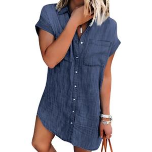 Zilcremo Women Denim Shirt Dresses Short Sleeve Distressed Jean Dress Button Down Casual Tunic Top (Large, Navy)