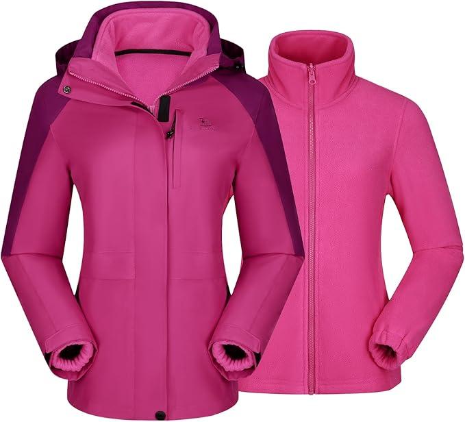 CAMEL CROWN Women Ski Jacket Waterproof 3 in 1 Winter Snow Mountain Coat Warm Fleece Windbreaker Hooded Snowboarding Jackets, XL