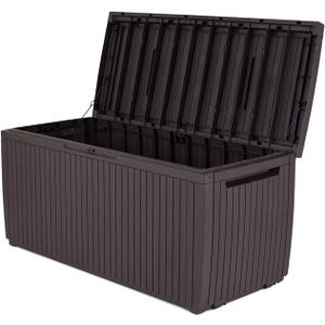 Keter Springwood 80 Gallon Resin Outdoor Storage Box for Patio Furniture Cushions and Garden Tools with Handles, Brown