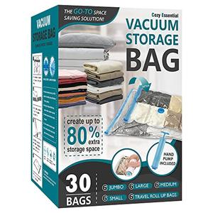 30 Pack Vacuum Storage Bags, Space Saver Vacuum Storage Bags, Vacuum Seal Bags for Clothing, Clothes, Comforters and Blankets, Hand Pump Included