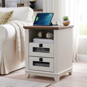 Nightstand with Charging Station, OKD 18'' Industrial & Farmhouse Square End Table w/ 2 Drawers & Open Cubby, Rustic Mesh Drawer Sofa Side Table w/Storage for Bedroom, Living Room Office, Antique White. 