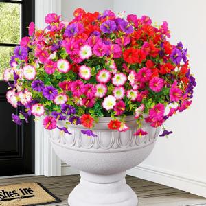 MARTINE MALL 12 Bundles Look Real Artificial Flowers for Outdoors, Realistic Fake Outdoor Flowers, UV Resistant Silk Petunia Flowers for Outside Faux Flowers Plants for Outdoor Porch, Mix Colors (Mix Colors (Fuchsia, Purple, Red, Pink))