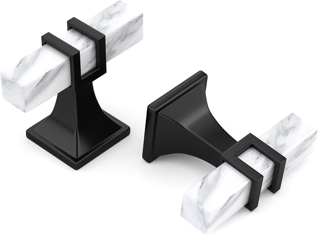 Lepatape 10 Pack Marble & Black Cabinet Knobs, 2 Inch Square Drawer Knobs for Kitchen & Dresser (Single Hole Knob)
