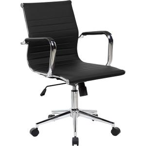 Silla de oficina de piel sinttica con reposabrazos acolchados, silla de escritorio con respaldo medio con base cromada, color negro
