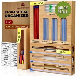 Woodenhouse Bamboo Storage Bag Organizer, 9 in 1 Sandwich Bag Organizer & Foil Wrap Dispenser with Labels  Fits Gallon, Quart, Snack [Measure Your Drawer Before Ordering]