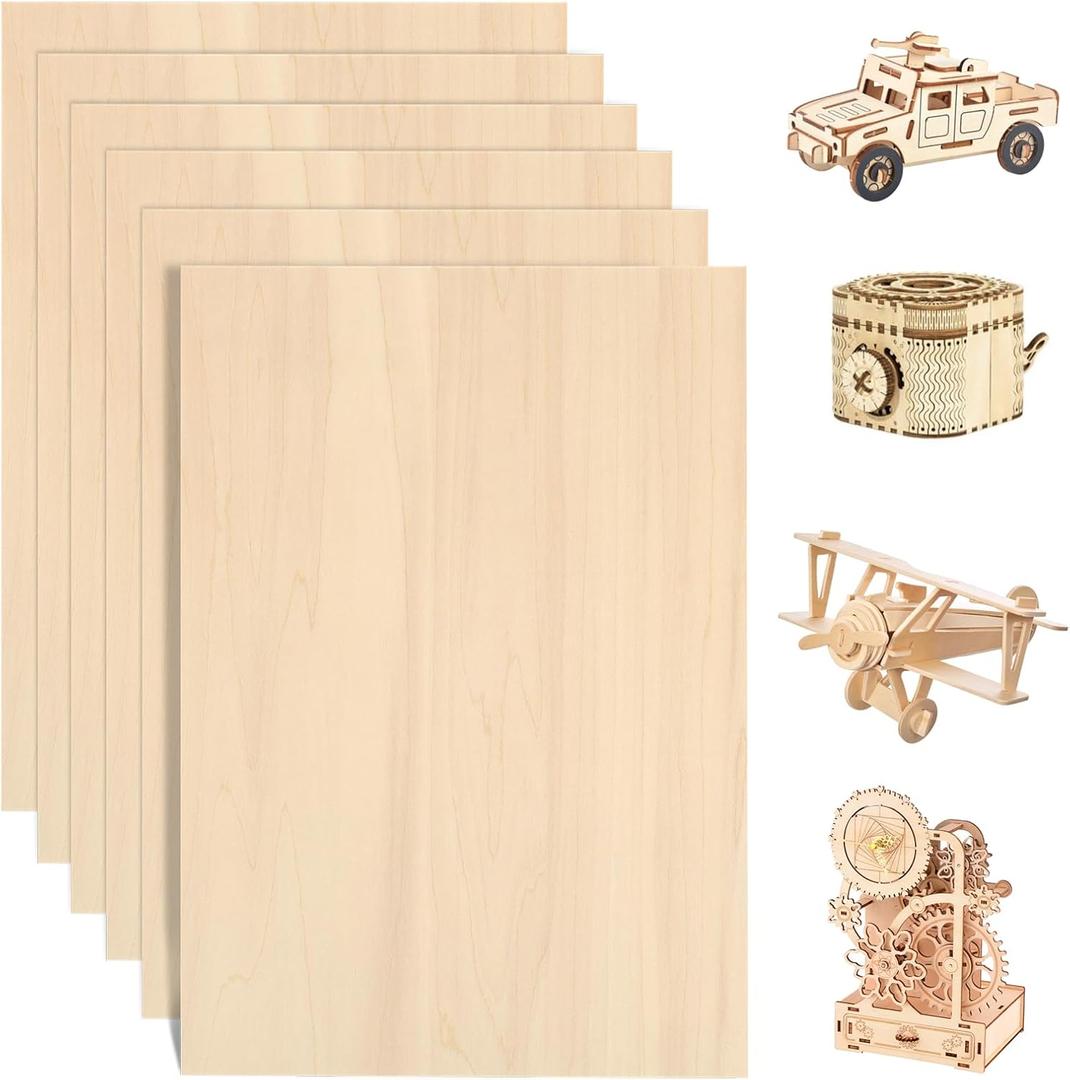 6 Pack Basswood Sheets for Crafts - 12 x 18 x 1/8 Inch - 3mm Thick Large Plywood Sheets Unfinished Bass Wood Boards for Laser Cutting, Wood Burning, Architectural Models, Staining