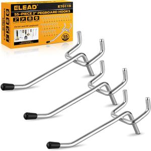 ELEAD 55-Piece 2 Inch Pegboard Hooks, Heavy Duty Peg Board Organizer Accessories, Peg Board Tool Hangers Fit for 1/4" and 1/8" Pegboard Hanging Tools Garage, Workshop, and Craft Storage