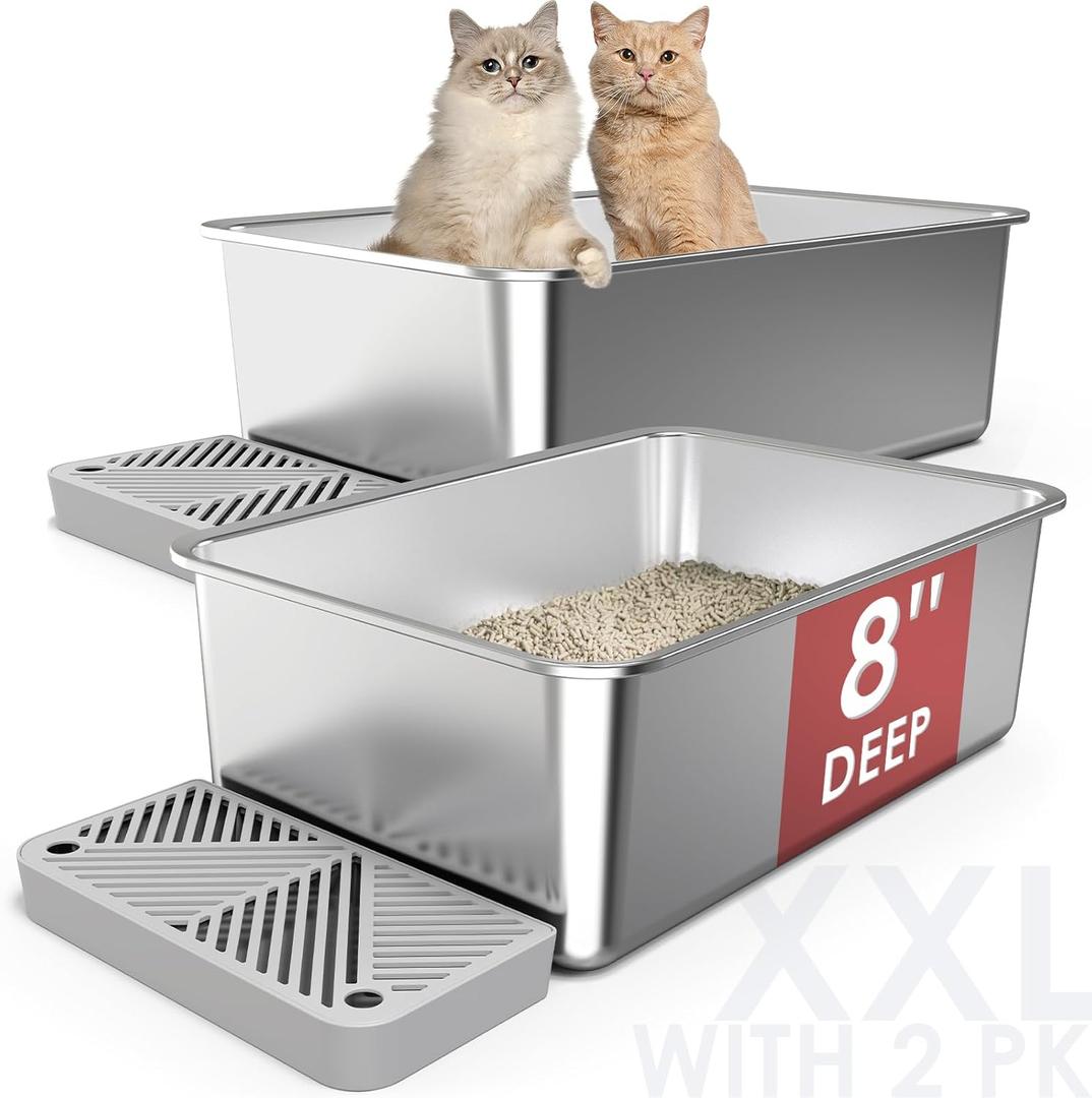 2 Pack 23.6"x 15.7"x 8"Extra Deep & Large Stainless Steel Litter Box for Big Cats, Non-Stick Odorless Metal Litter Pan, XL Kitty Pan Tray with Footboard, Easy Cleaning