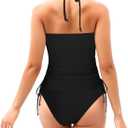 LVZIJUN Women's Tankini Sets Two Piece Bathing Suits Halter Neck Tummy Conrol Tankini Swimsuits Solid Color Thong Bottom (Medium, Black)