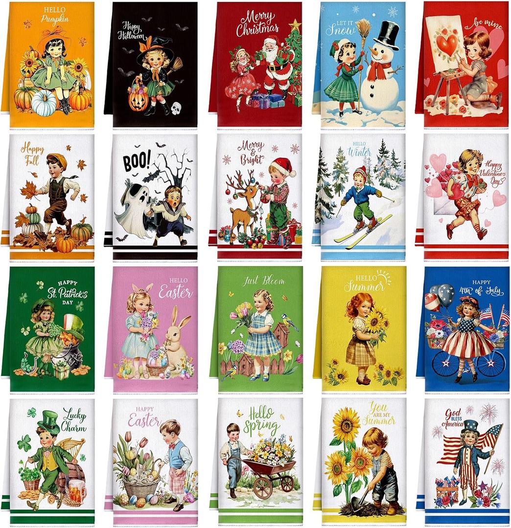 20 Pcs Seasonal Kitchen Towels Holiday Decorative Hand Towels Set Easter Spring Summer 4th of July Dish Cloths 16 x 24 Colorful Wash Cloths with Hanging Loop(Retro)