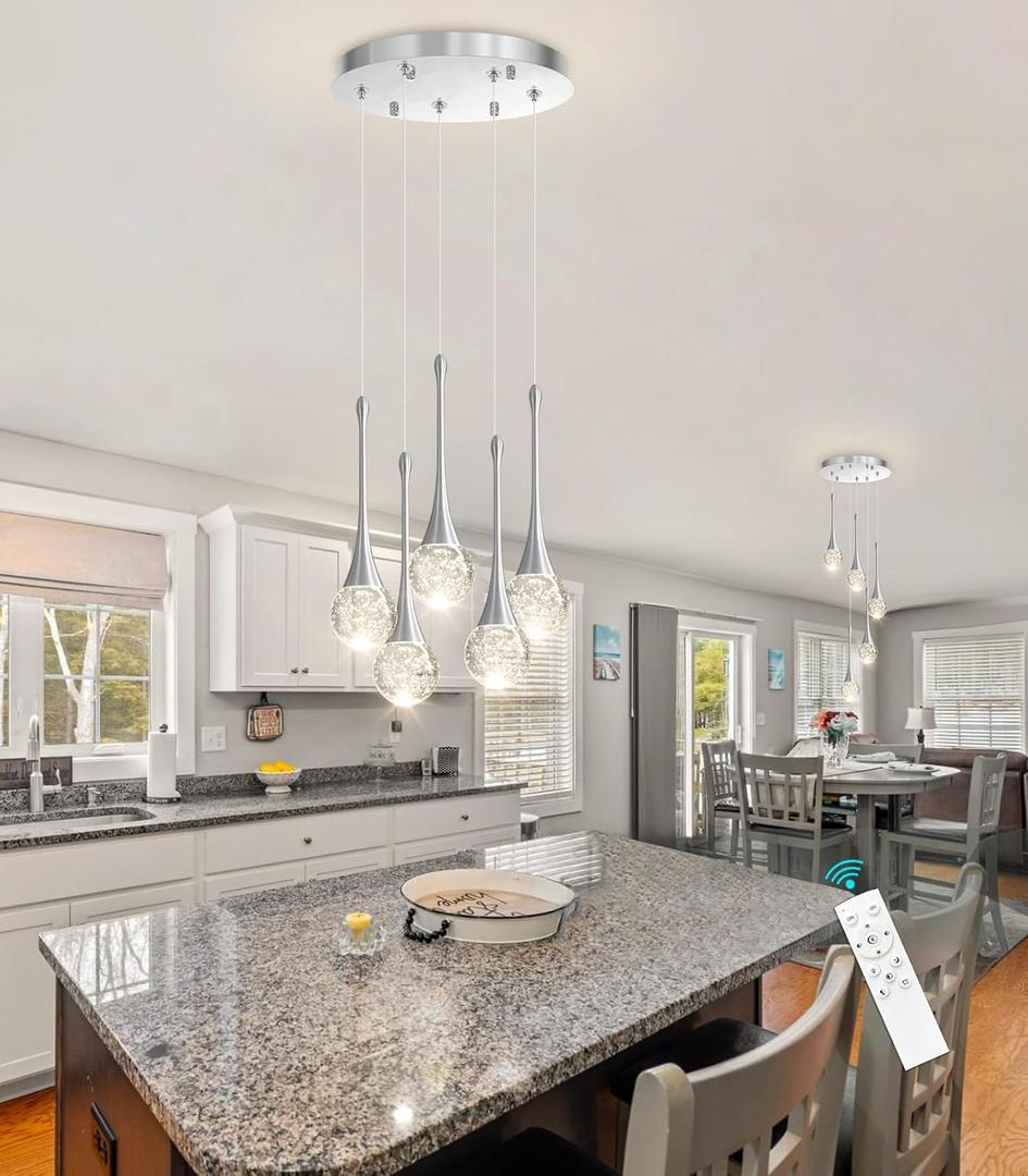 cenzoz 5-Lights Modern Pendant Lights for Kitchen Island LED Dimmable Chandelier Crystal Glam Ceiling Pendant Lighting for Dining Room Hallway Bedroom Lamp Brushed Nickel (Silver)