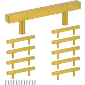QWORK Gold Cabinet Handles, 10 Pack 3" Hole Centers Stainless Steel Drawer Pulls, 5" Length
