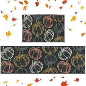 Arttown Pumpkin Kitchen Rugs and Mats Non Skid Washable Set of 2, Halloween Country Cafe Fall Runner Rug, Autumn Thanksgiving Kitchen Floor Mat Under Sink Mat Throw Rug for Doormat