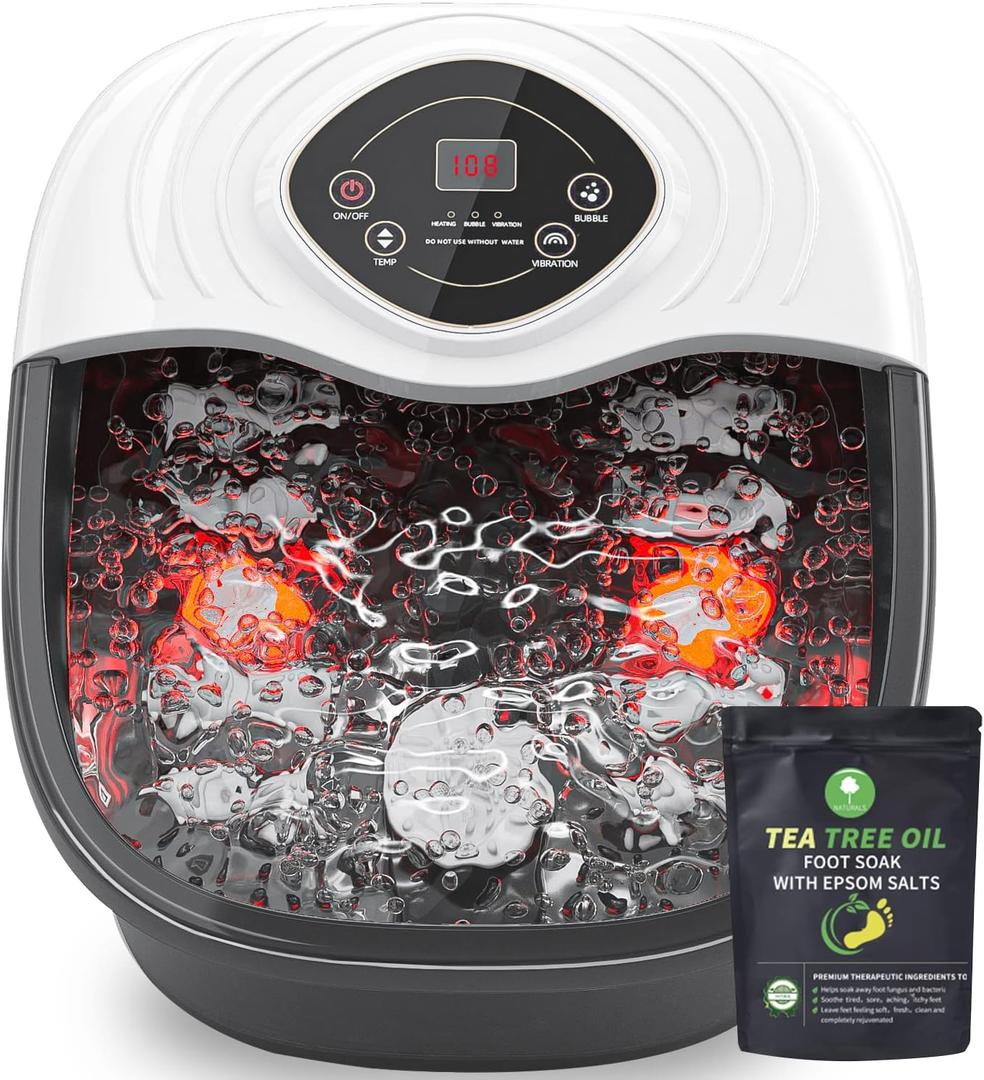 Foot Spa Bath Massager with Tea Tree Oil Foot Soak with Epsom Salt - with Heat, Bubbles and Vibration,Red Light,Medicine Box Digital Temperature Control 8 Acupressure Massage Points (White/Black)