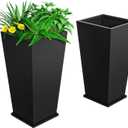 Metal Planter 2 Pack, 15L x 15W x 30H, Heavy Duty Tall Planters for Outdoor Plants, Black Planters with Removable Insert Shelf, Large Planters with Drainage Holes for Porch, Patio, Black